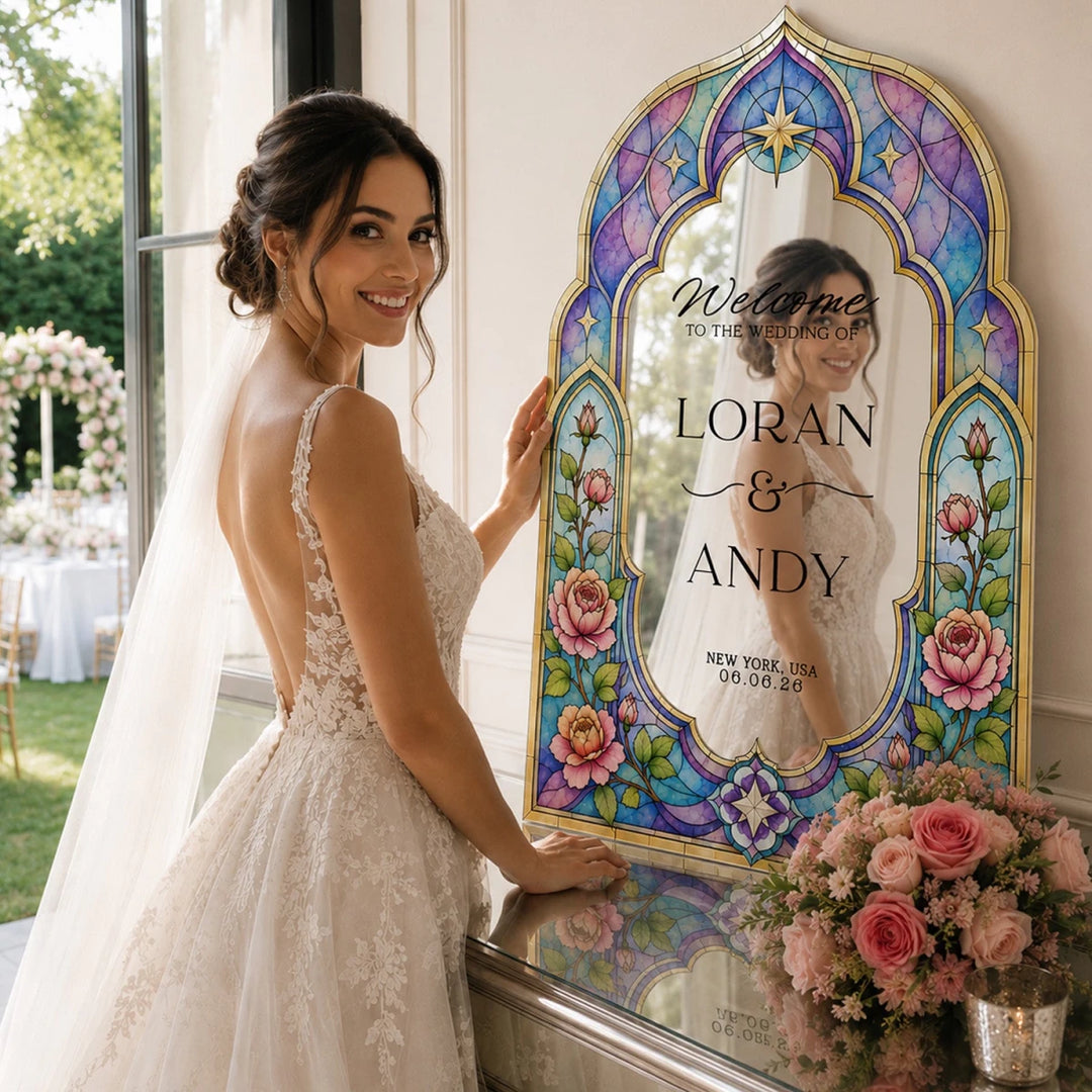 Mughal Arch Stained Glass Peony Wedding Welcome Sign - SpeedyOrders