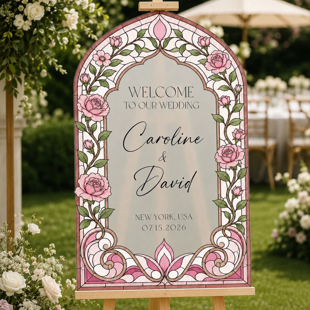Mughal Pink Rose Wedding Welcome Sign — Ornate Arch - SpeedyOrders
