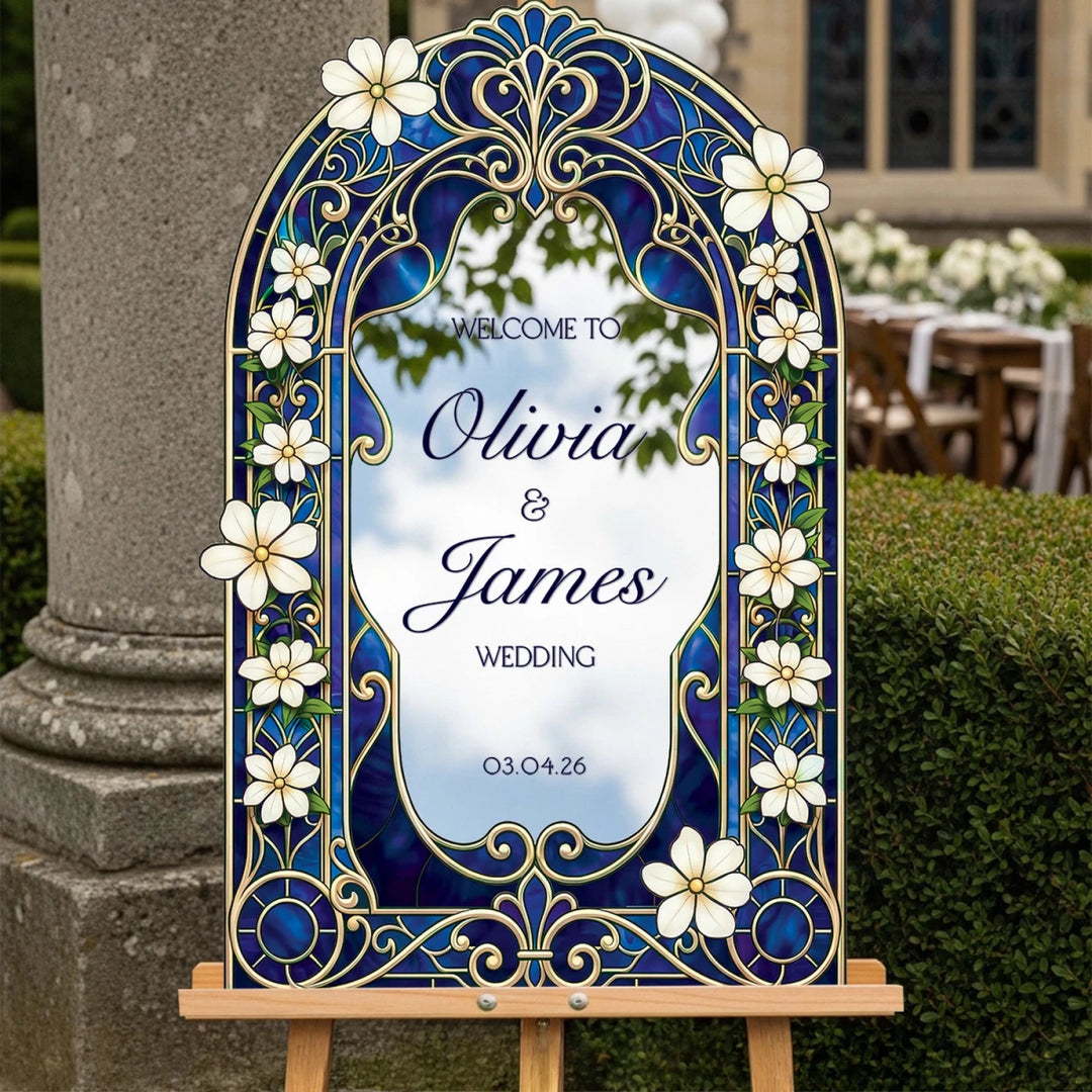 Navy Blue & Gold Daisy Wedding Welcome Sign — Stained Glass - SpeedyOrders