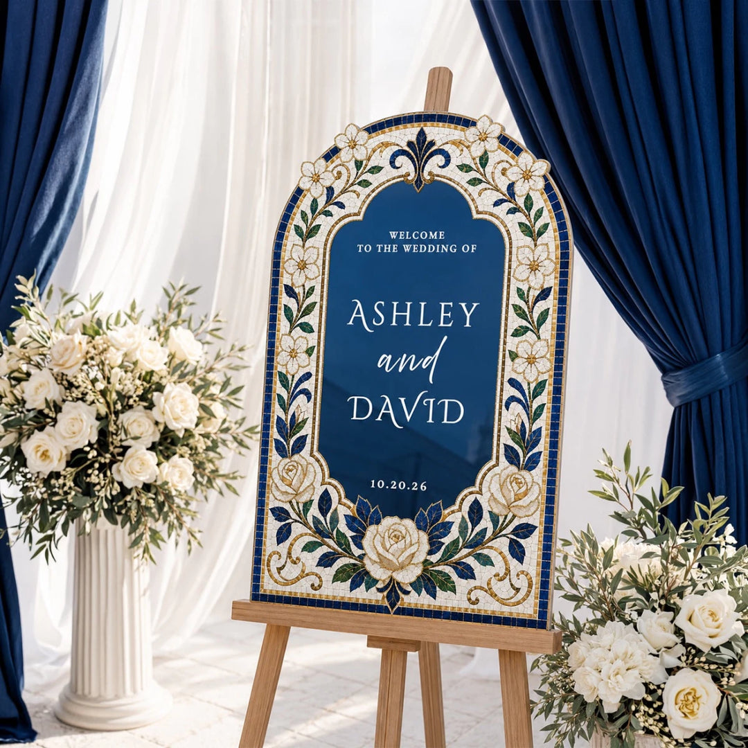 Navy Blue Mosaic White Rose Wedding Welcome Sign - SpeedyOrders
