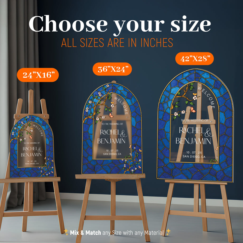 Navy Blue Stained Glass Wedding Sign, Stain Glass Floral Wedding Welcome Sign - SpeedyOrders