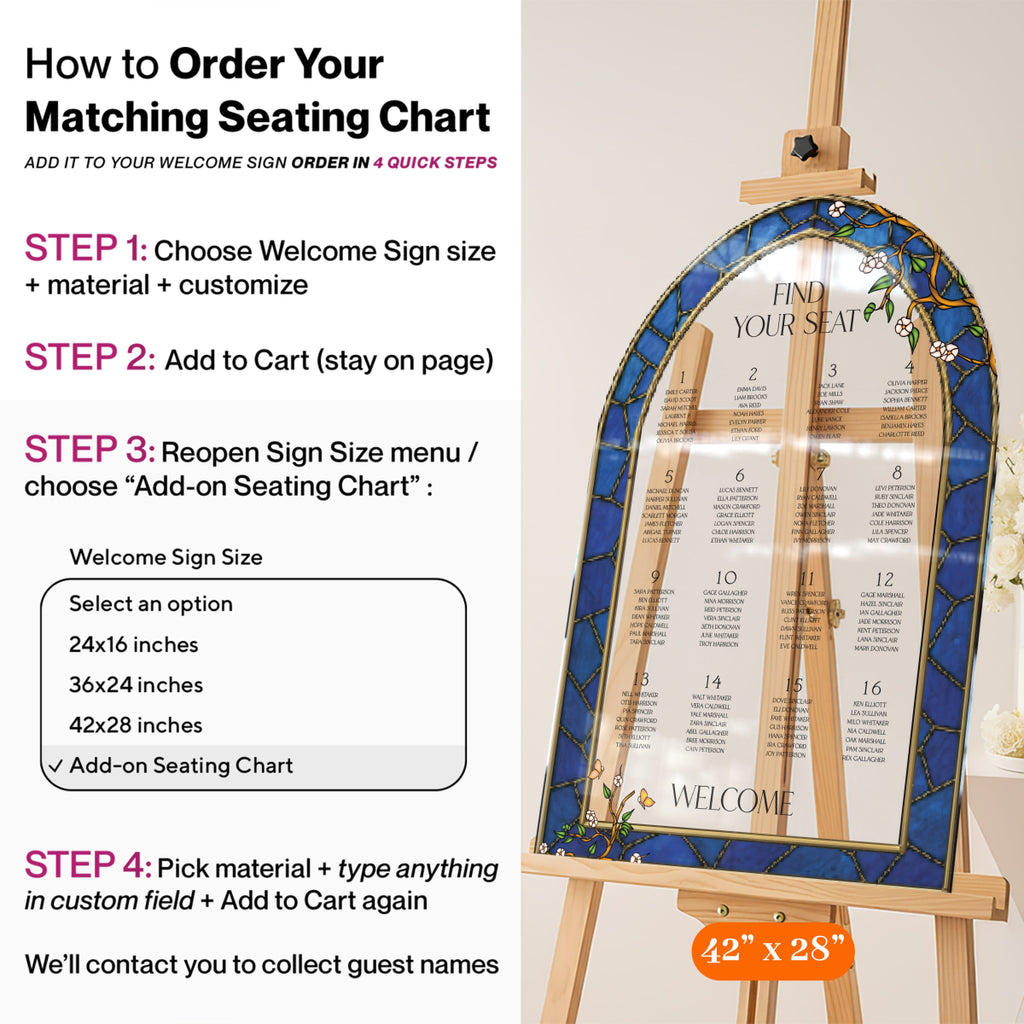 Navy Blue Stained Glass Wedding Sign, Stain Glass Floral Wedding Welcome Sign - SpeedyOrders