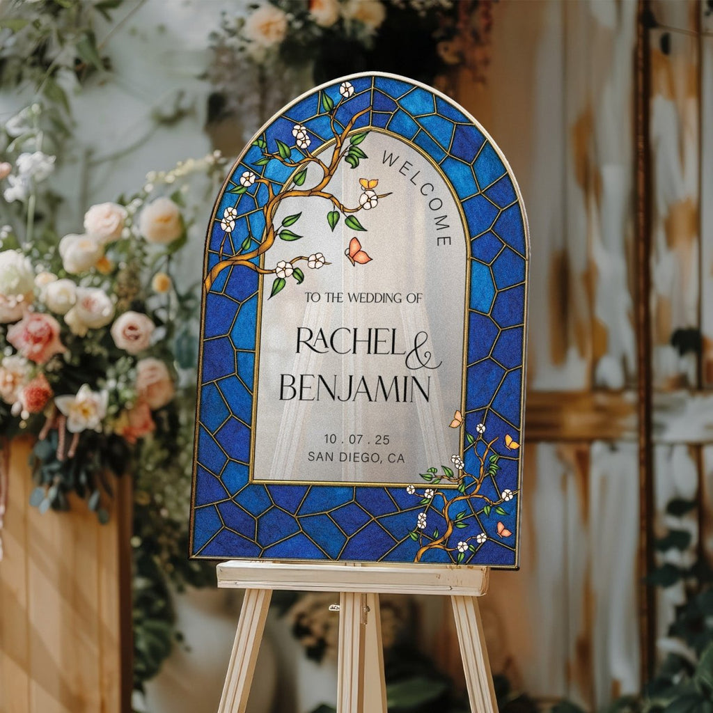 Navy Blue Stained Glass Wedding Sign, Stain Glass Floral Wedding Welcome Sign - SpeedyOrders