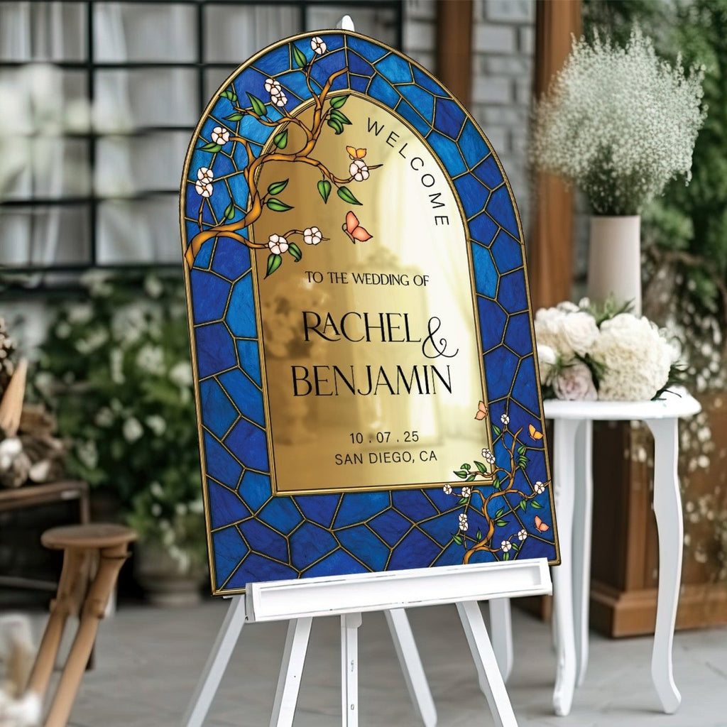 Navy Blue Stained Glass Wedding Sign, Stain Glass Floral Wedding Welcome Sign - SpeedyOrders