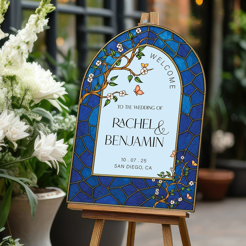 Navy Blue Stained Glass Wedding Sign, Stain Glass Floral Wedding Welcome Sign - SpeedyOrders