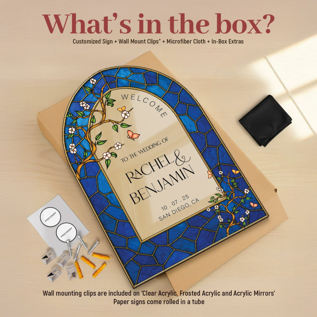 Navy Blue Stained Glass Wedding Sign, Stain Glass Floral Wedding Welcome Sign - SpeedyOrders