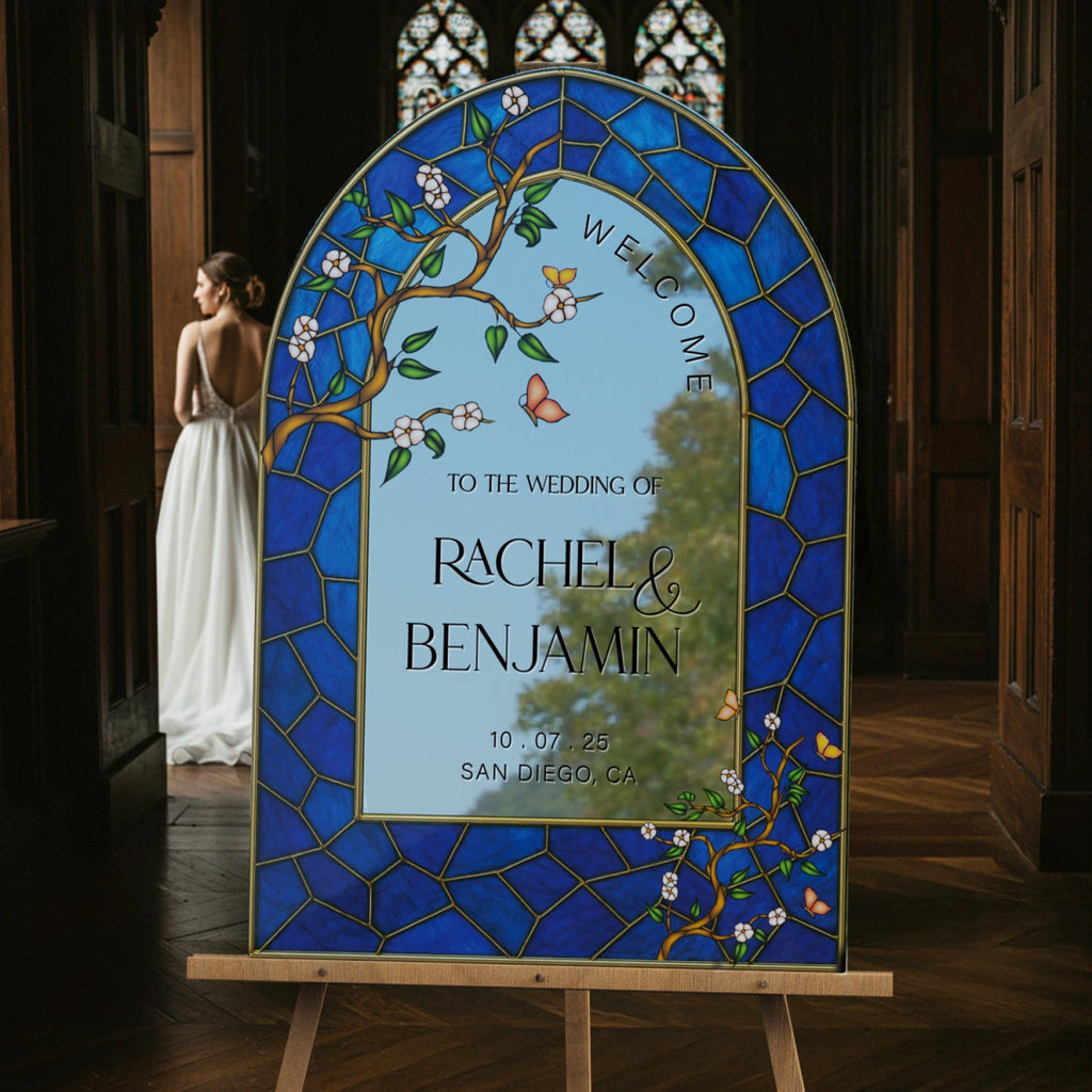 Navy Blue Stained Glass Wedding Sign, Stain Glass Floral Wedding Welcome Sign - SpeedyOrders