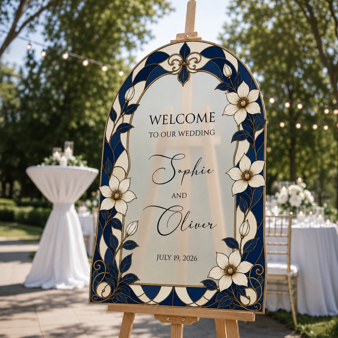Navy Blue White Botanical Wedding Welcome Sign - SpeedyOrders