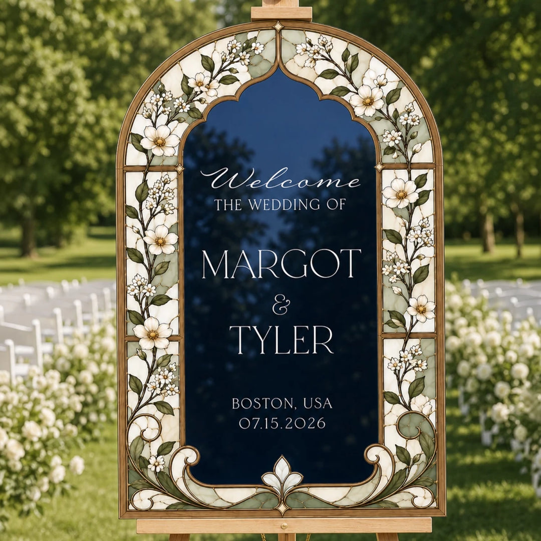 Navy Mughal Botanical Wedding Welcome Sign — White Floral Arch - SpeedyOrders