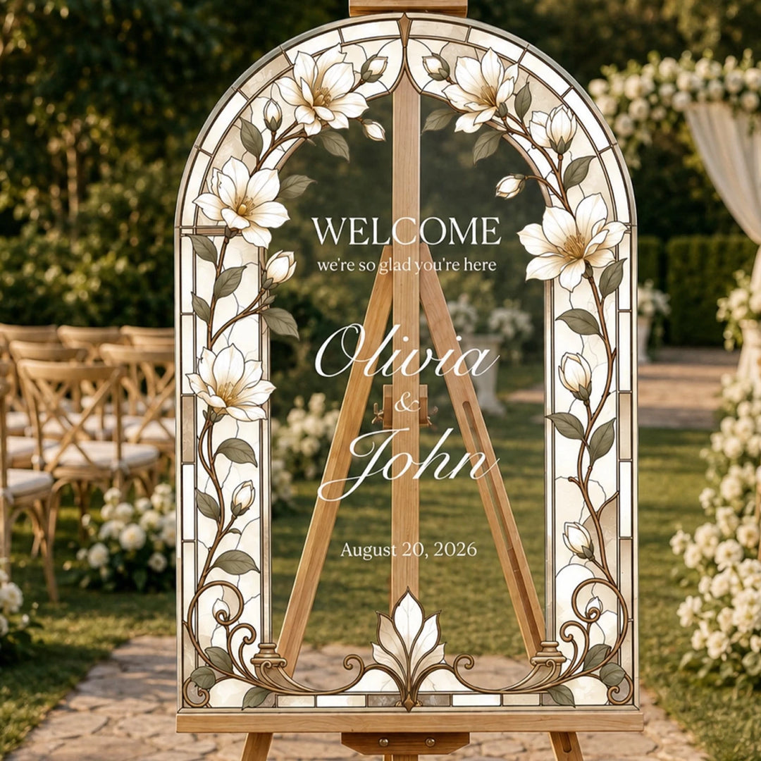 Neutral Magnolia Stained Glass Wedding Welcome Sign — Elegant Arch - SpeedyOrders