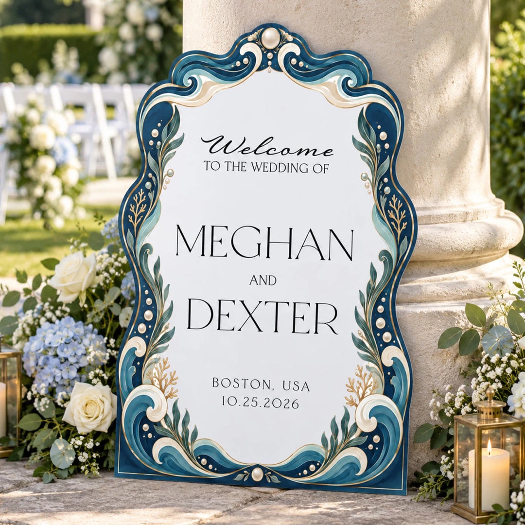 Ocean Waves & Pearl Stained Glass Wedding Welcome Sign — Nautical Arch - SpeedyOrders