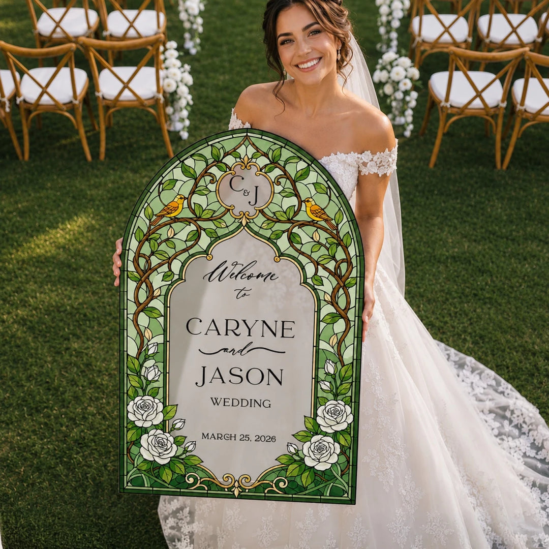 Ornate Dark Stained Glass Wedding Welcome Sign — Emerald Green or Navy Blue - SpeedyOrders