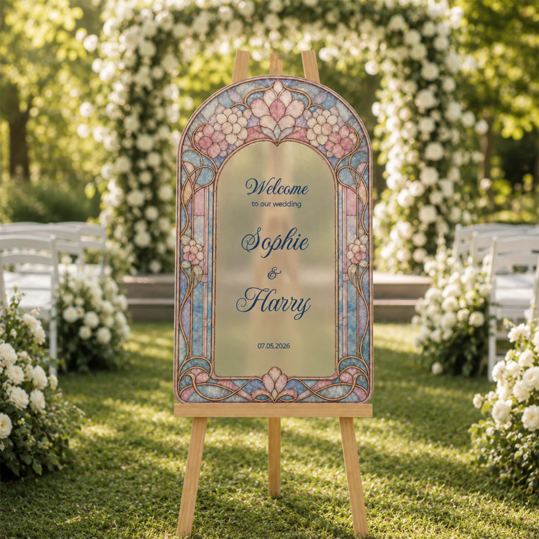 Pastel Mosaic Stained Glass Wedding Welcome Sign — Clear Acrylic Arch - SpeedyOrders