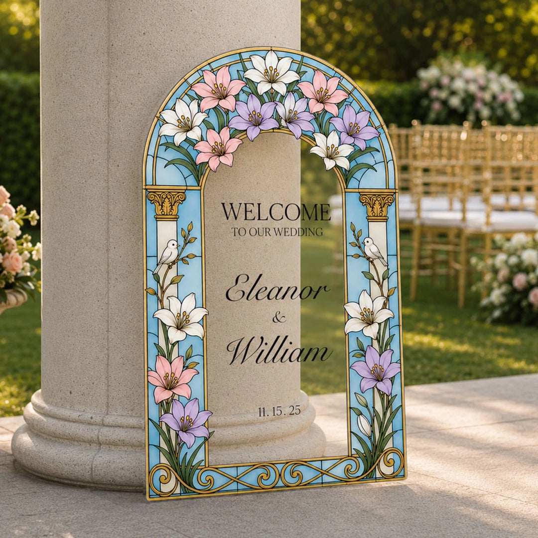 Pastel Wildflower Stained Glass Wedding Welcome Sign — Soft Colorful Arch - SpeedyOrders