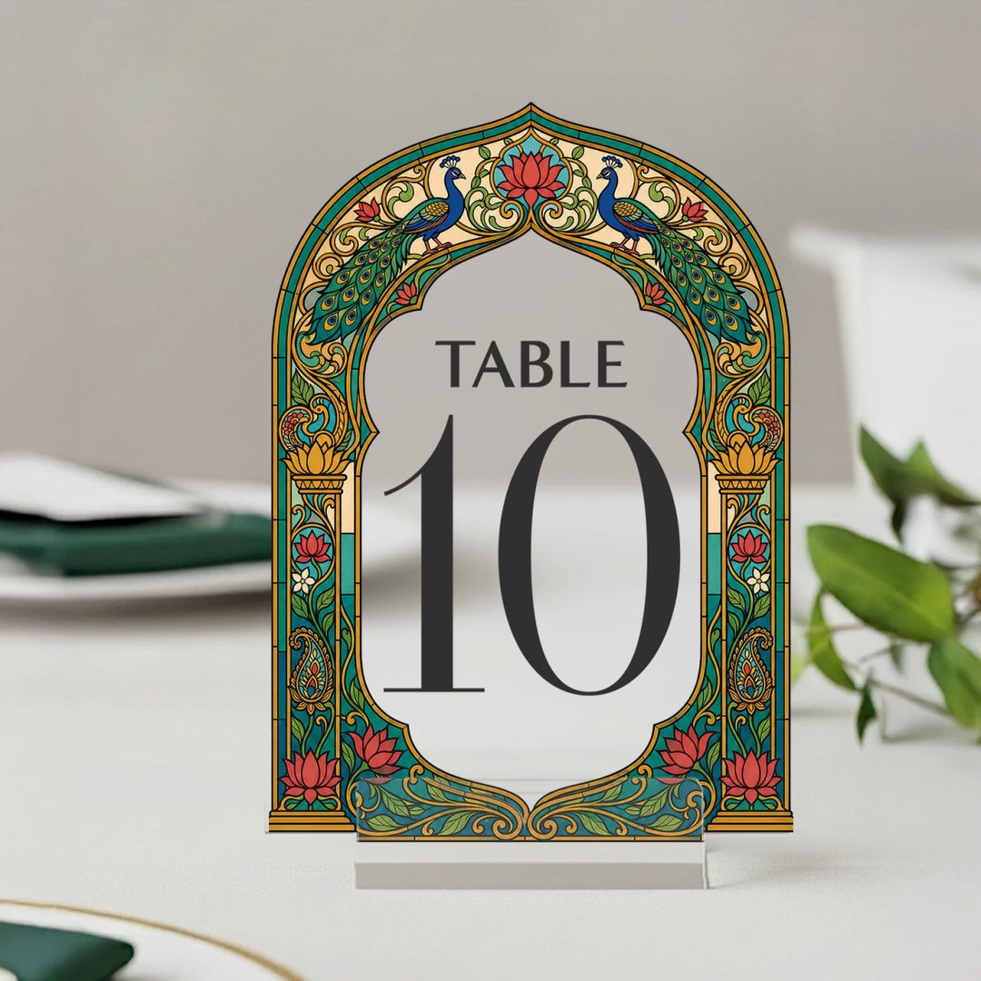 Peacock Lotus Indian Wedding Table Numbers — Mughal Arch - SpeedyOrders