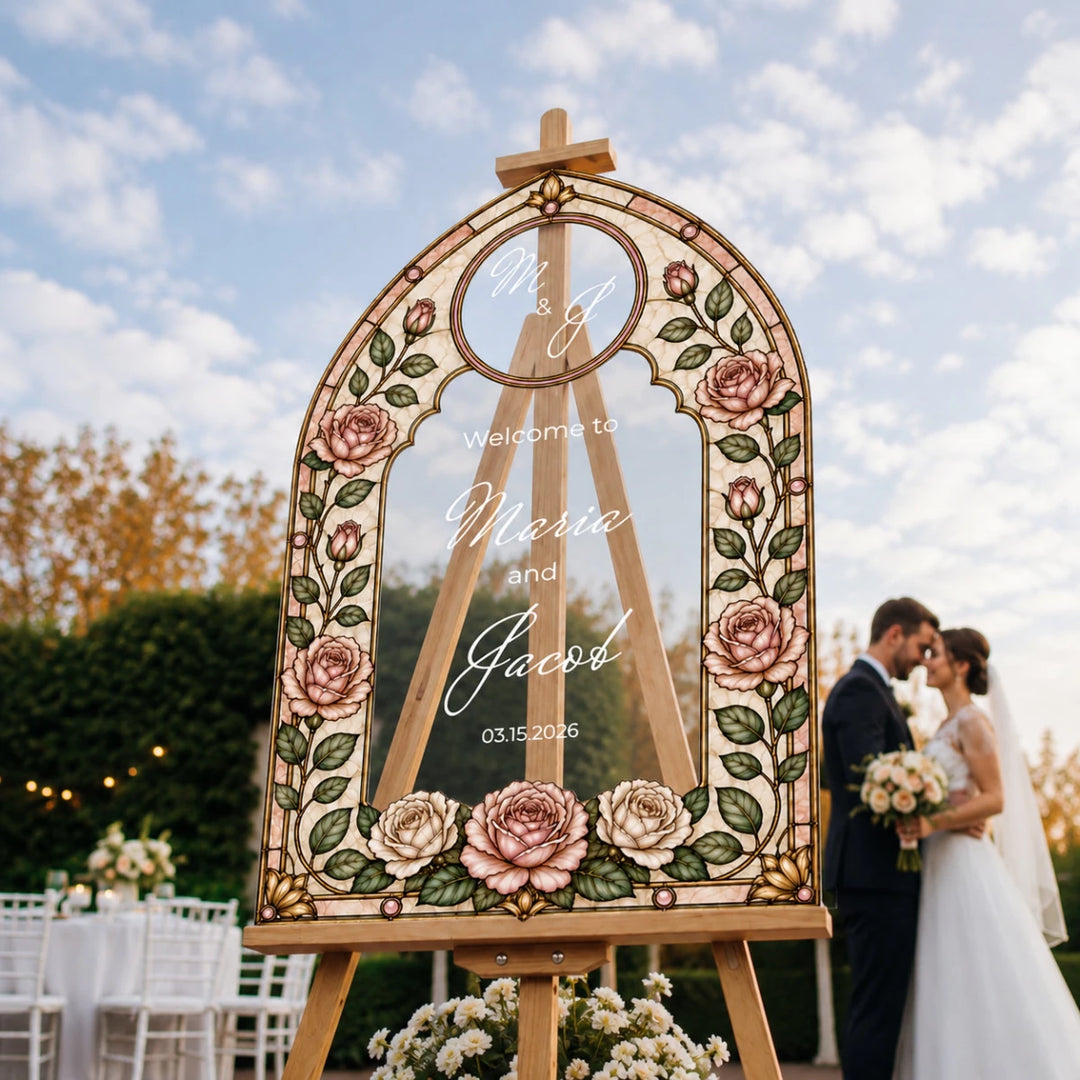 Personalized Blush Rose Stained Glass Wedding Welcome Sign — Monogram Arch - SpeedyOrders