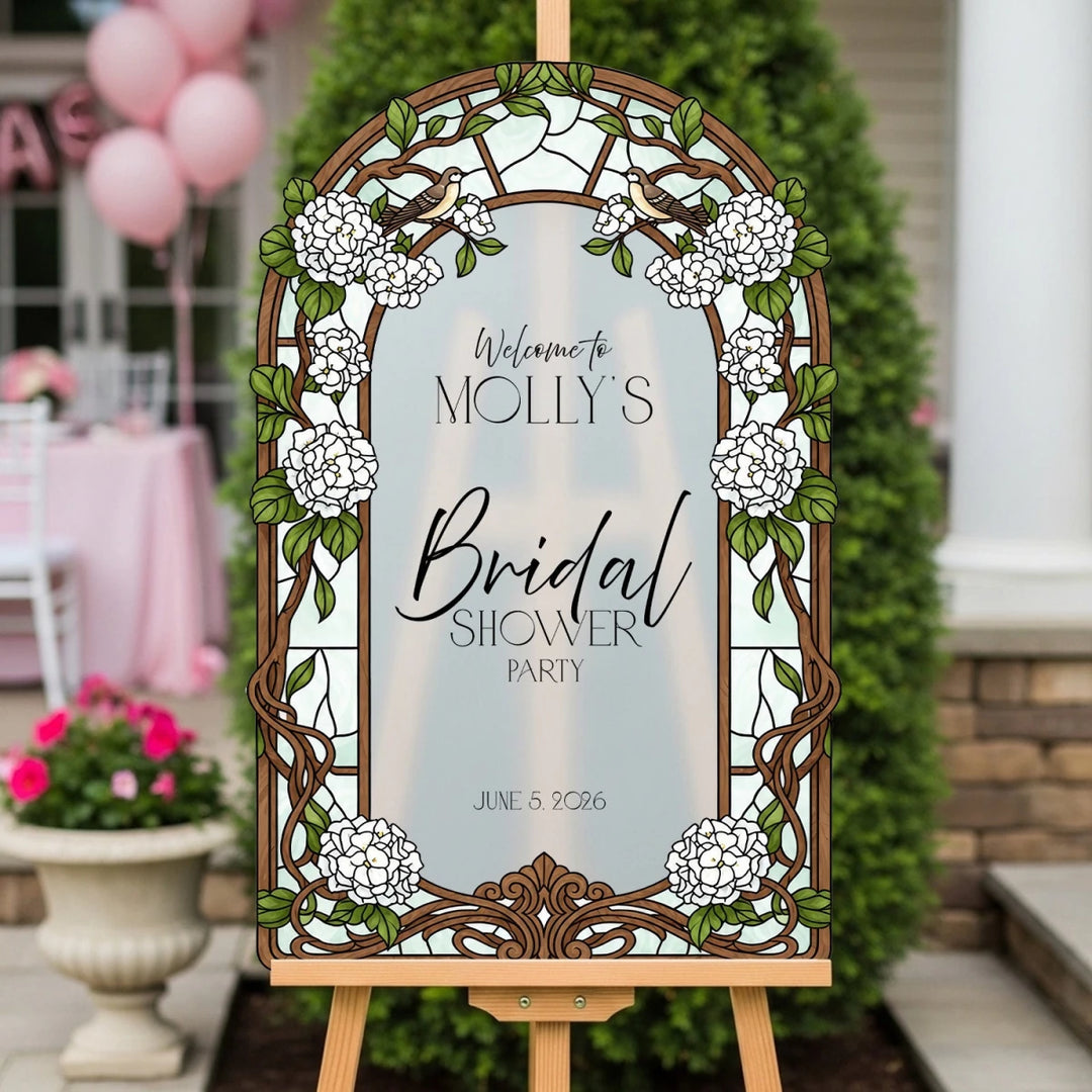 Personalized Bridal Shower Sign — Stained Glass White Peony Arch - SpeedyOrders