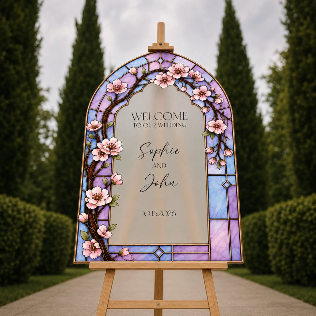 Personalized Cherry Blossom Stained Glass Wedding Welcome Sign — Spring Arch - SpeedyOrders