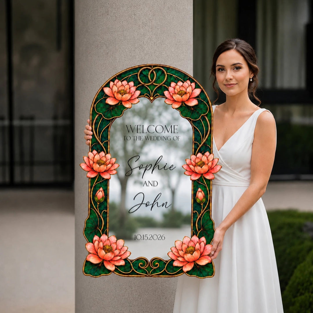 Personalized Coral Lotus Stained Glass Wedding Welcome Sign — Clear Arch - SpeedyOrders