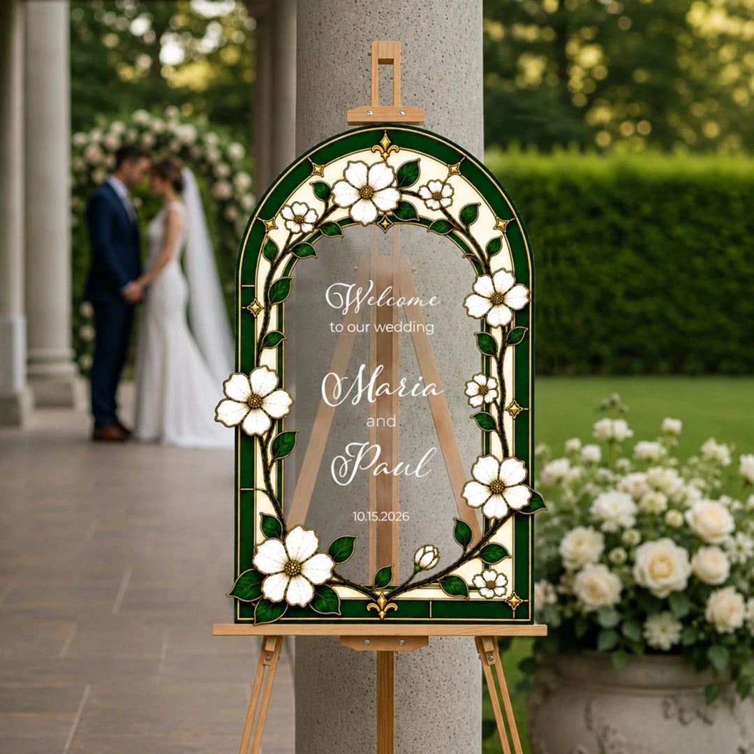 Personalized Emerald Green Stained Glass Wedding Welcome Sign - SpeedyOrders