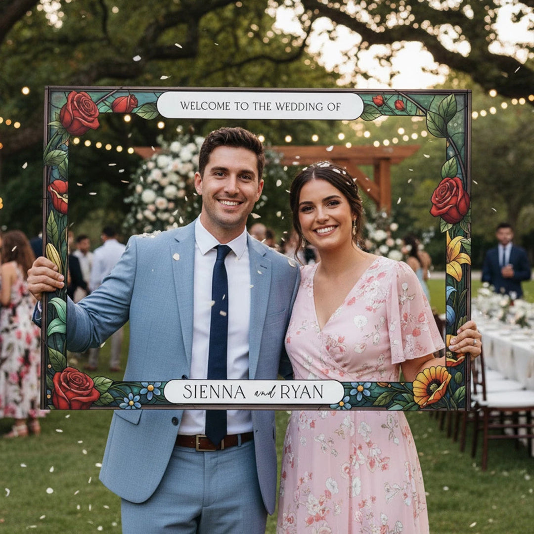 Personalized Floral Wedding Photo Booth Frame, Red Rose Theme Photobooth Frame - SpeedyOrders