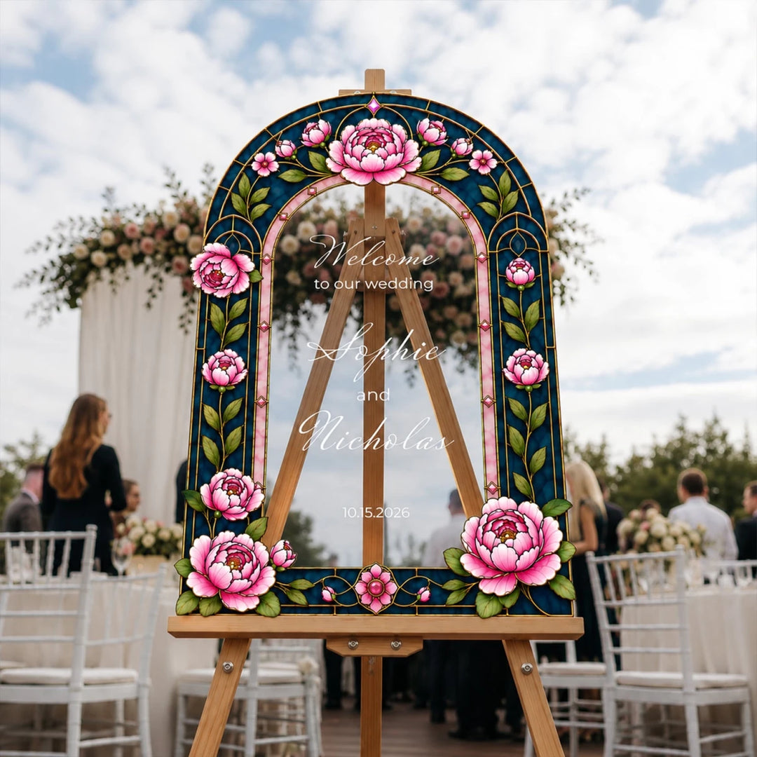 Personalized Folk Art Botanical Rose Wedding Welcome Sign — Ornate Arch - SpeedyOrders