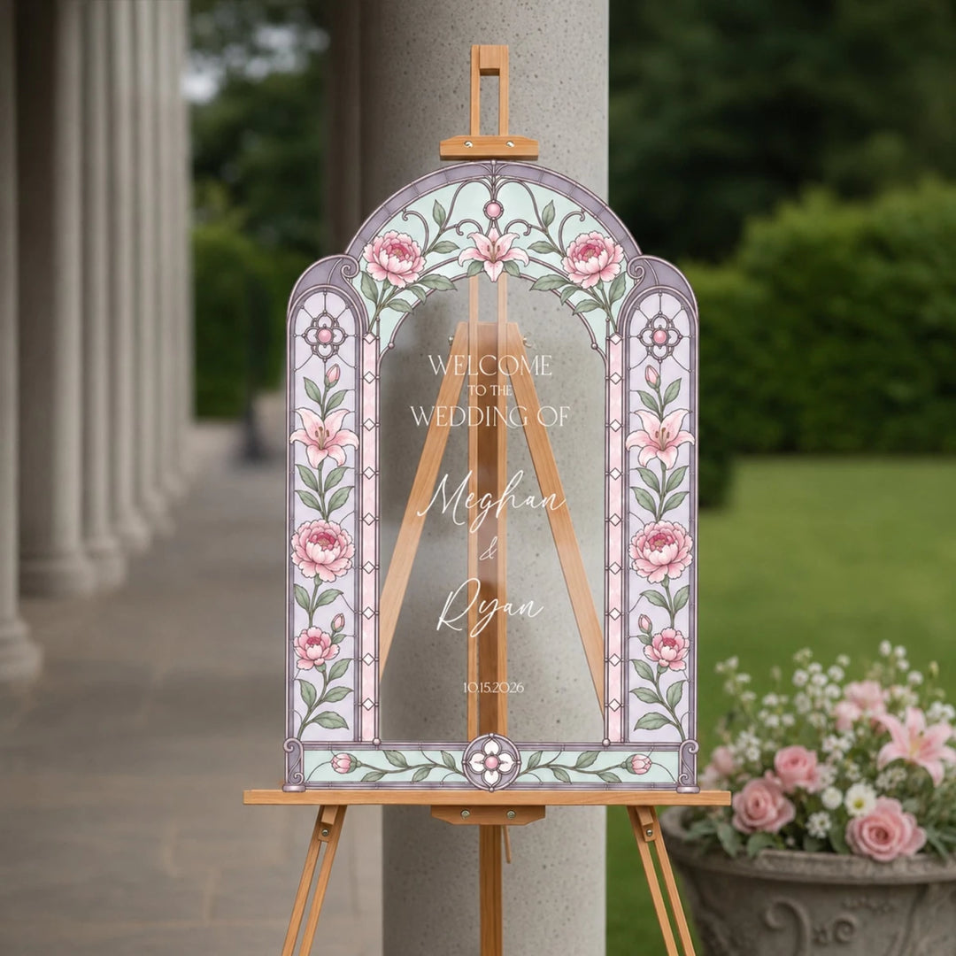 Personalized Folk Art Pink Rose Wedding Welcome Sign — Dark Arch - SpeedyOrders