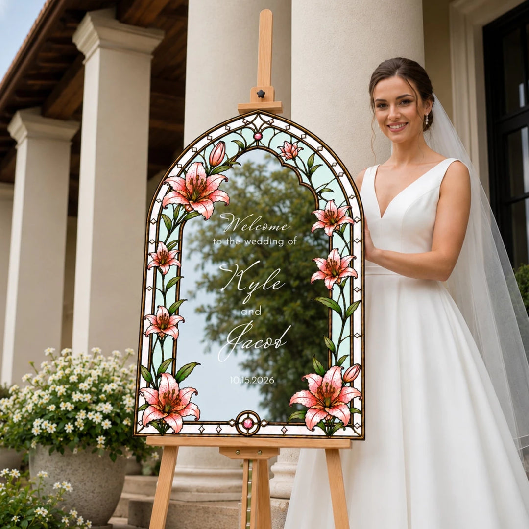 Personalized Folk Art Stained Glass Wedding Welcome Sign — Colorful Floral Arch - SpeedyOrders