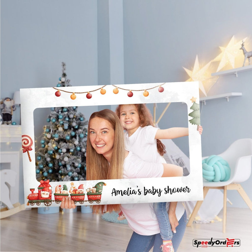 Personalized Here Comes Santa Claus Christmas Baby Shower Photo Booth Frame - SpeedyOrders