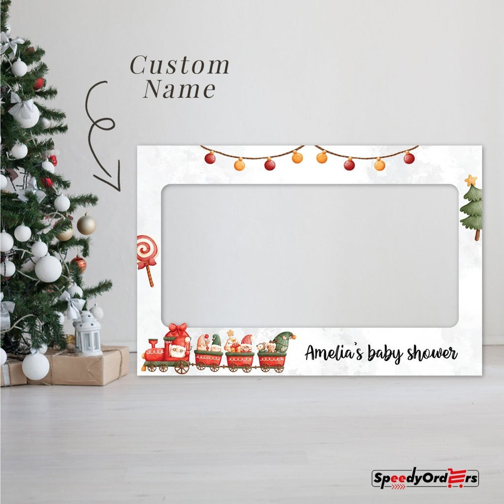 Personalized Here Comes Santa Claus Christmas Baby Shower Photo Booth Frame - SpeedyOrders