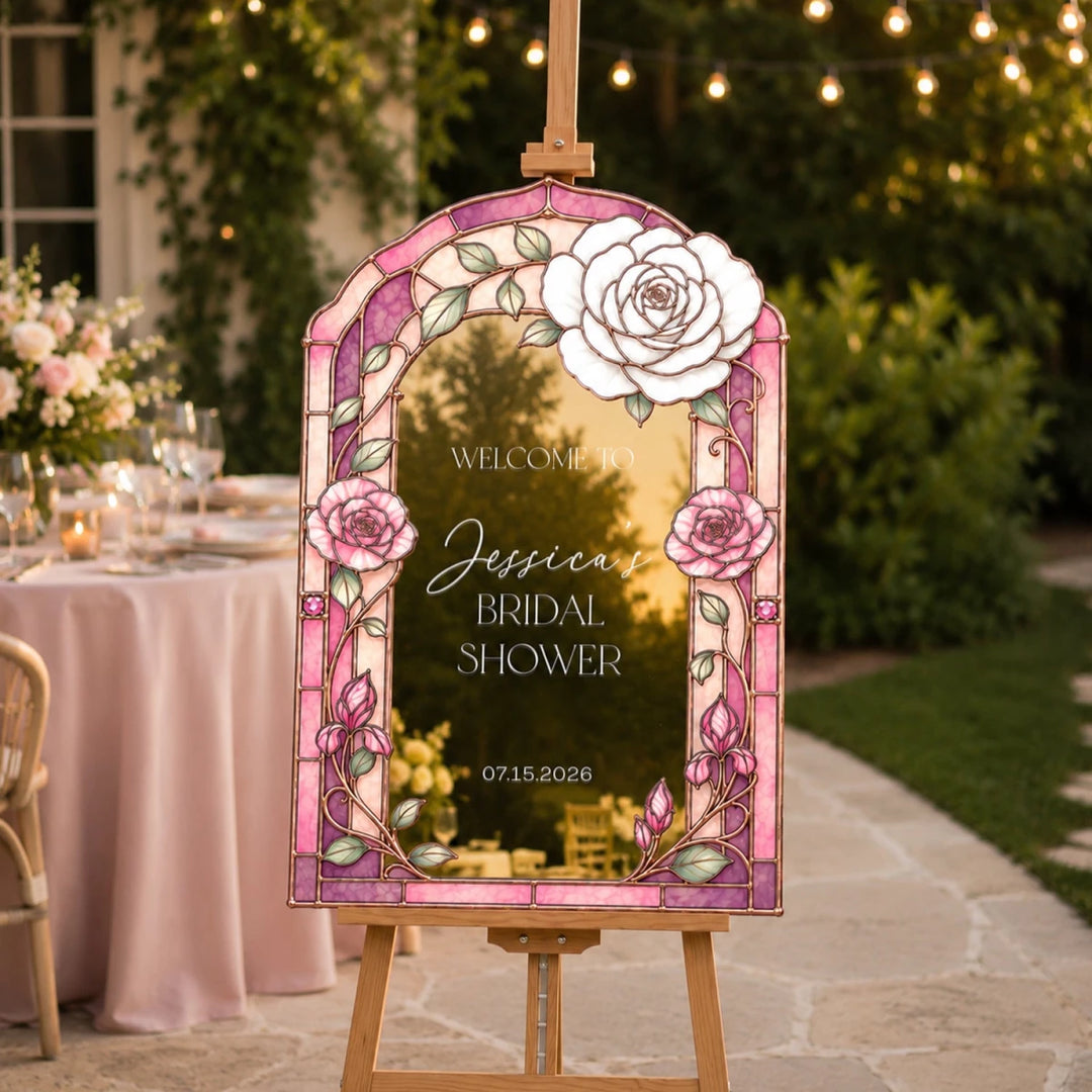 Personalized Hot Pink Rose Bridal Shower Welcome Sign — Ornate Mirror Frame - SpeedyOrders
