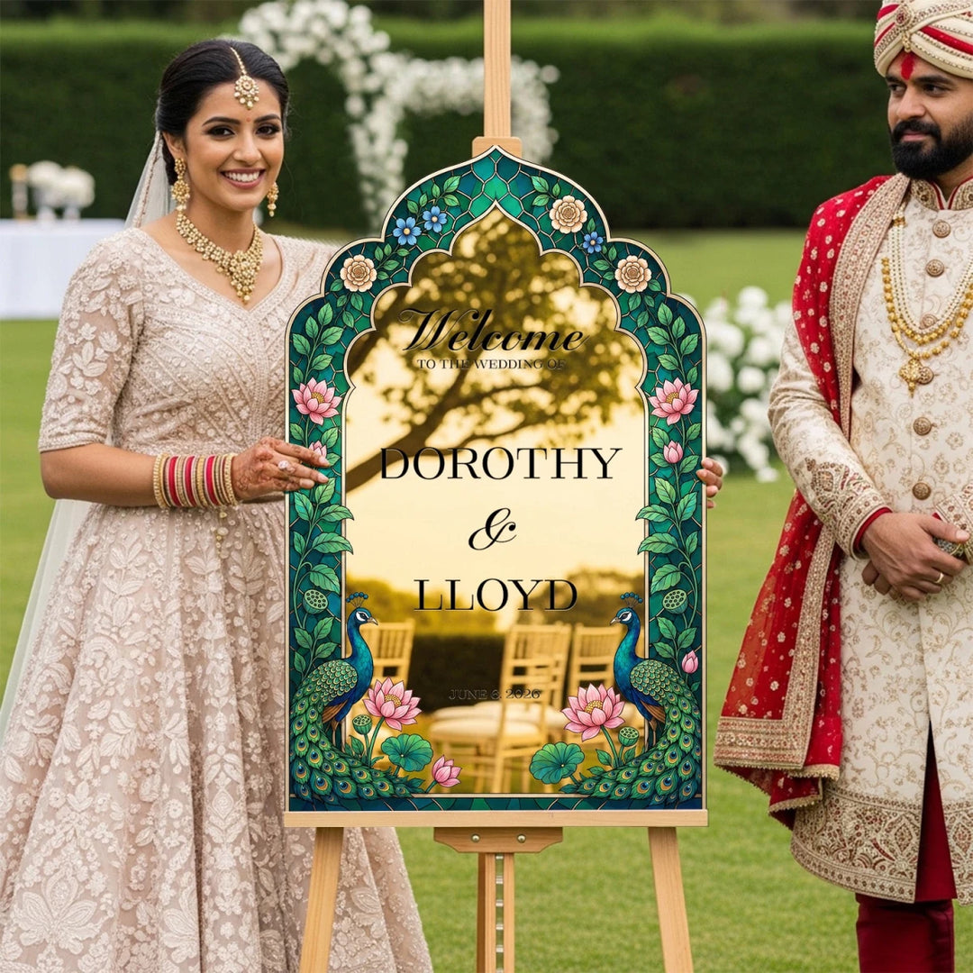 Personalized Peacock Indian Wedding Welcome Sign — Mughal Arch Acrylic - SpeedyOrders