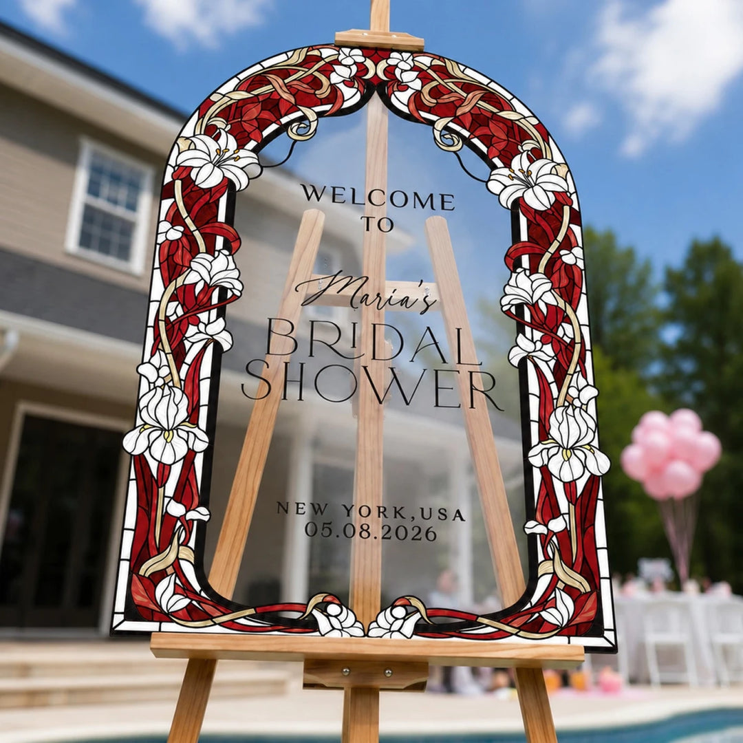 Personalized Red Lily Stained Glass Bridal Shower Welcome Sign - SpeedyOrders