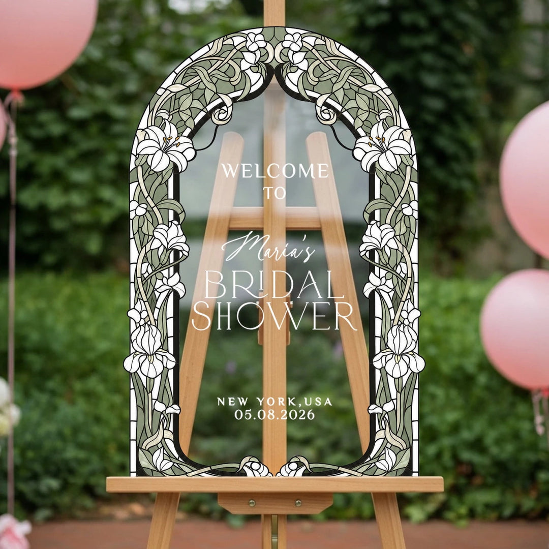 Personalized Sage Green Lily Stained Glass Bridal Shower Welcome Sign - SpeedyOrders