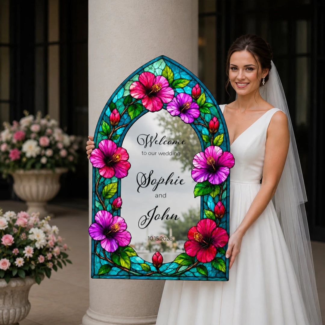 Personalized Tropical Hibiscus Stained Glass Wedding Welcome Sign - SpeedyOrders