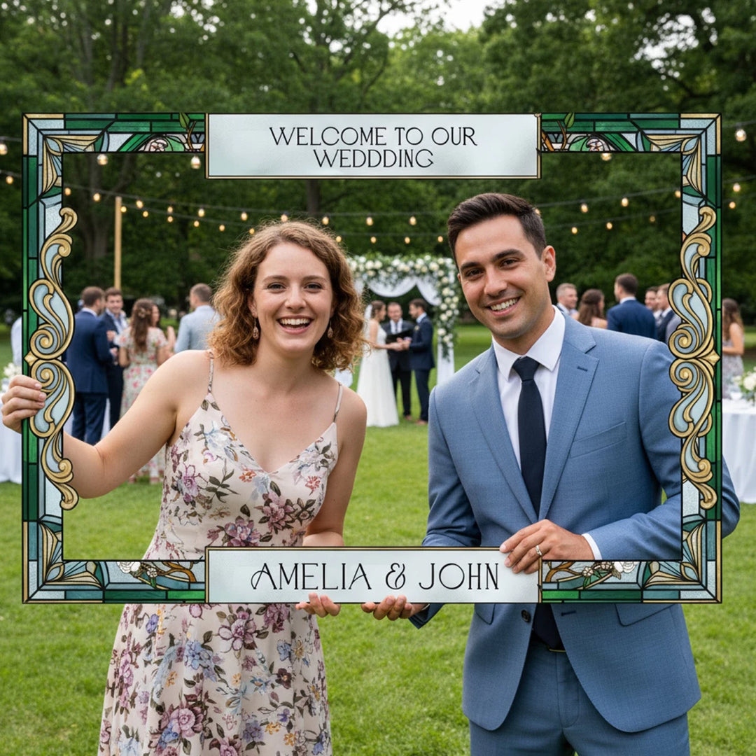 Personalized Wedding Photo Booth Frame, Green Stained Glass Theme Photobooth Frame - SpeedyOrders