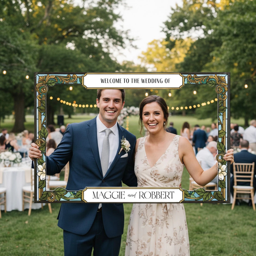 Personalized Wedding Photo Booth Frame, Green Stained Glass Theme Wedding Photobooth Frame - SpeedyOrders