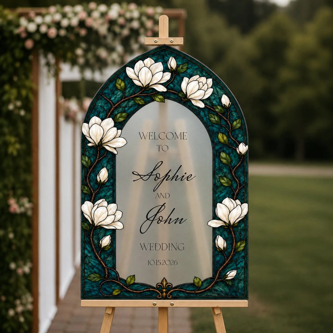 Personalized White Magnolia Stained Glass Wedding Welcome Sign — Dark Teal Arch - SpeedyOrders