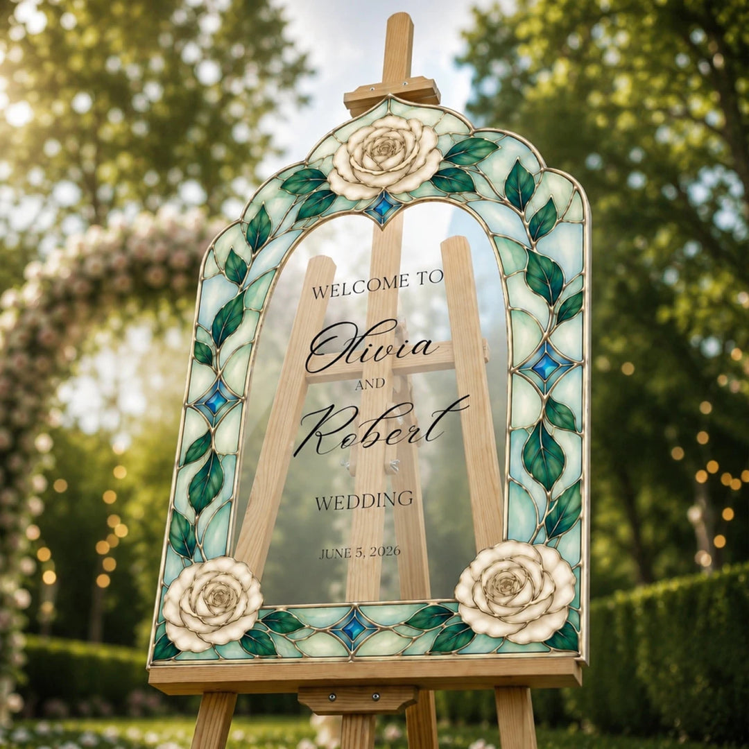 Personalized White Rose Stained Glass Wedding Welcome Sign — Botanical Arch - SpeedyOrders