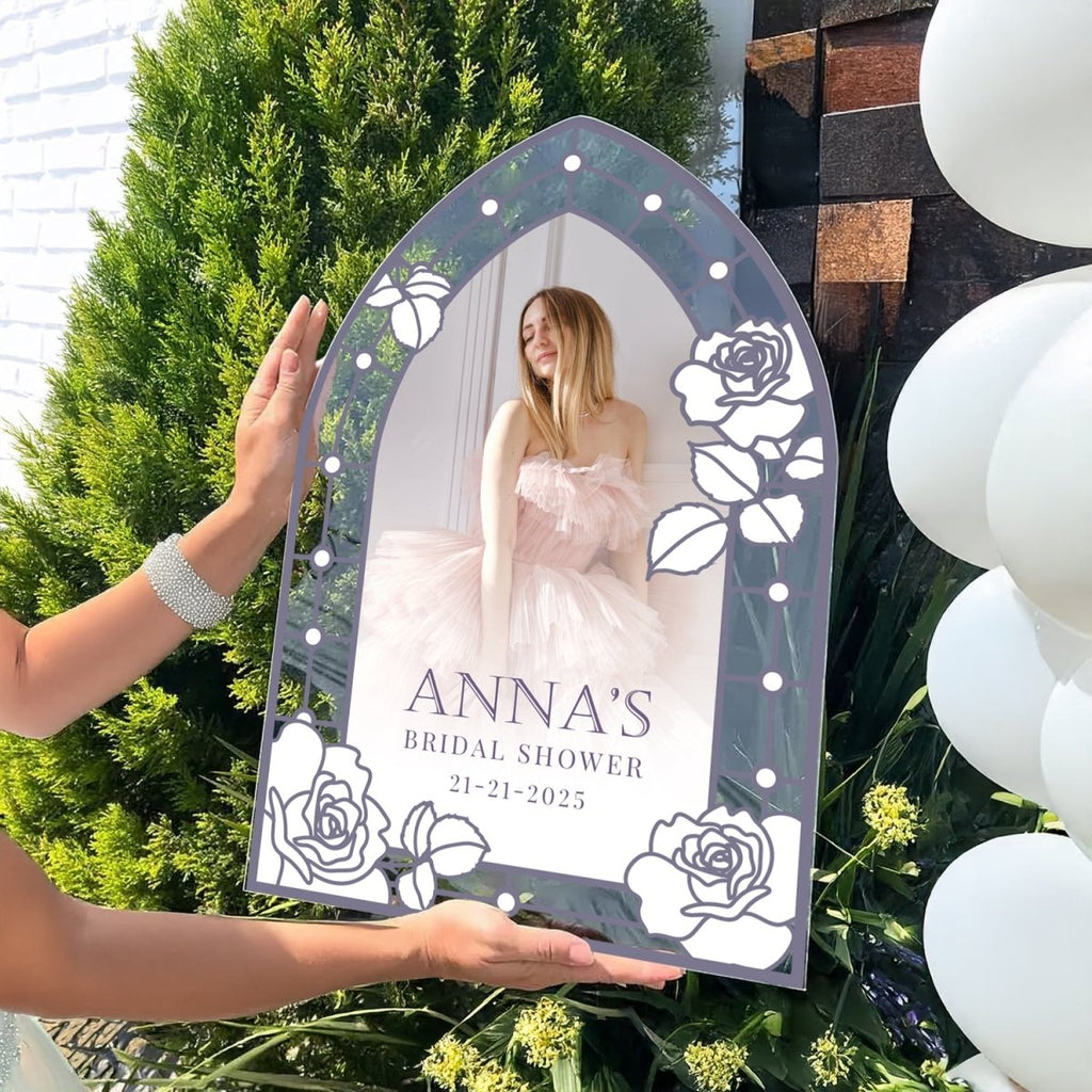 Picture Bridal Shower Welcome Sign, Frosted Acrylic Mirror White Floral - SpeedyOrders