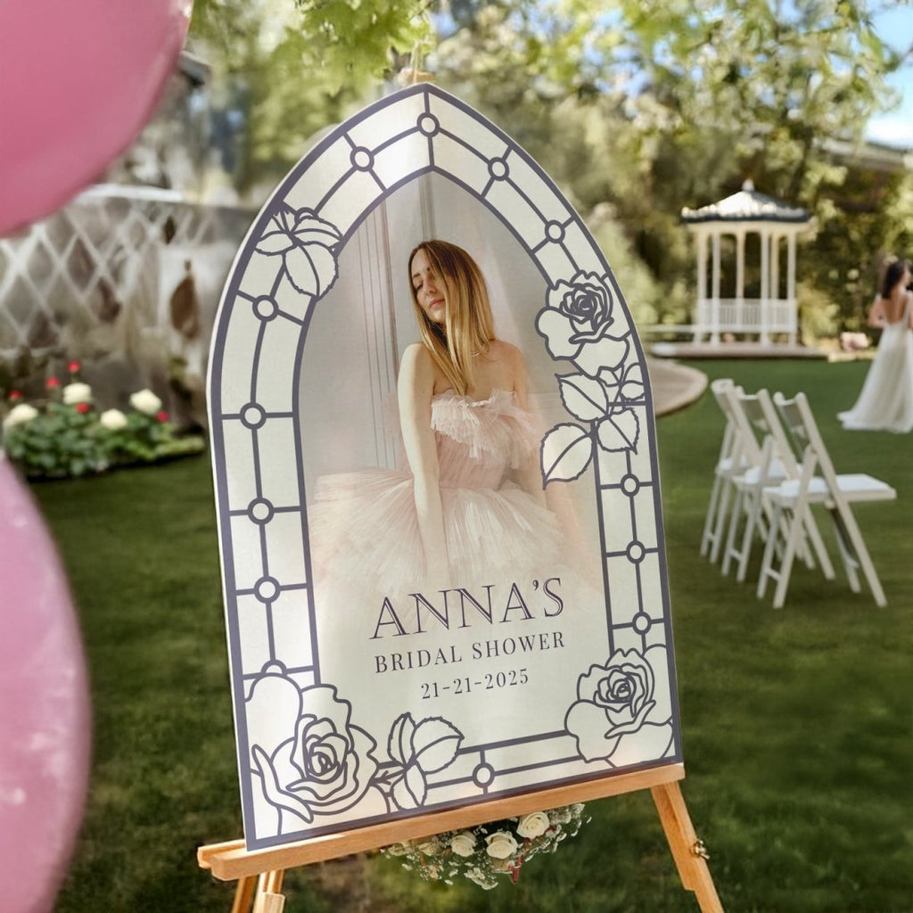 Picture Bridal Shower Welcome Sign, Frosted Acrylic Mirror White Floral - SpeedyOrders