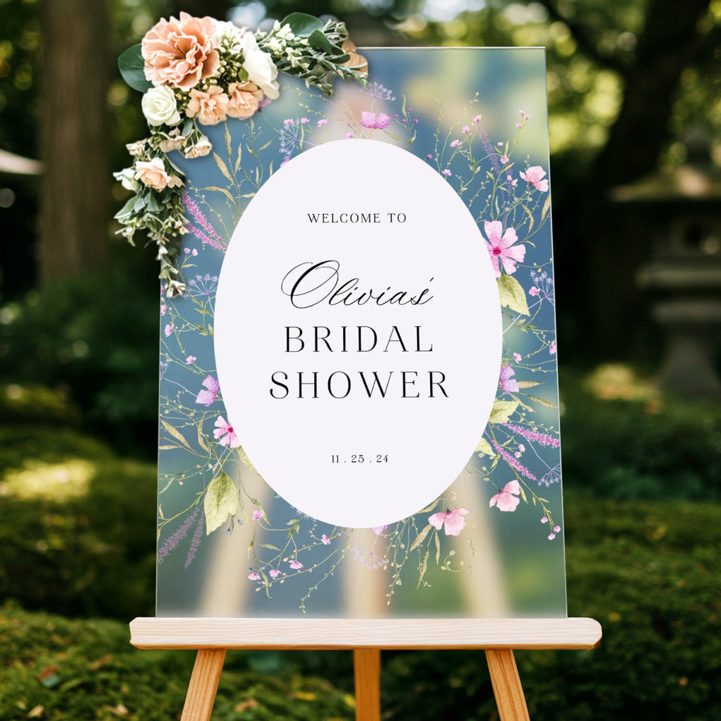 Pink and Purple Wildflowers Bridal Shower Sign, Acrylic Floral Bridal Shower Welcome SIgn - SpeedyOrders