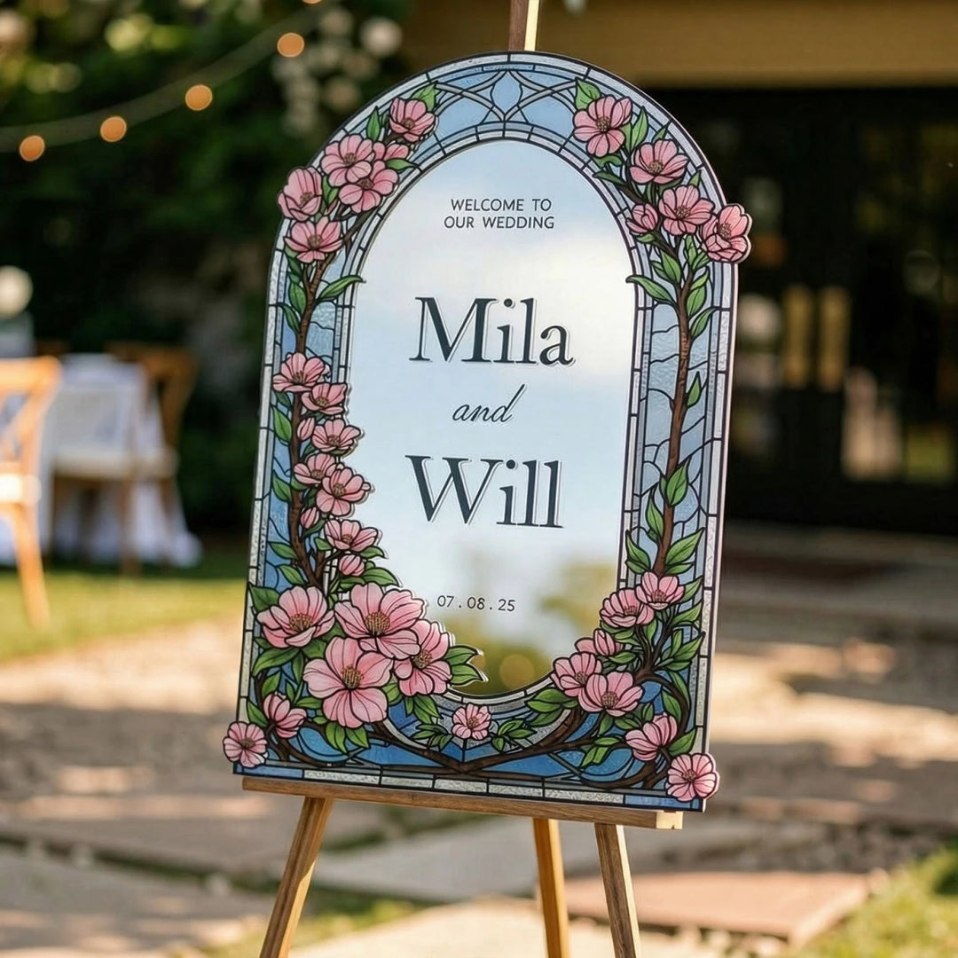 Pink Cherry Blossom Wedding Welcome Sign — Stained Glass - SpeedyOrders