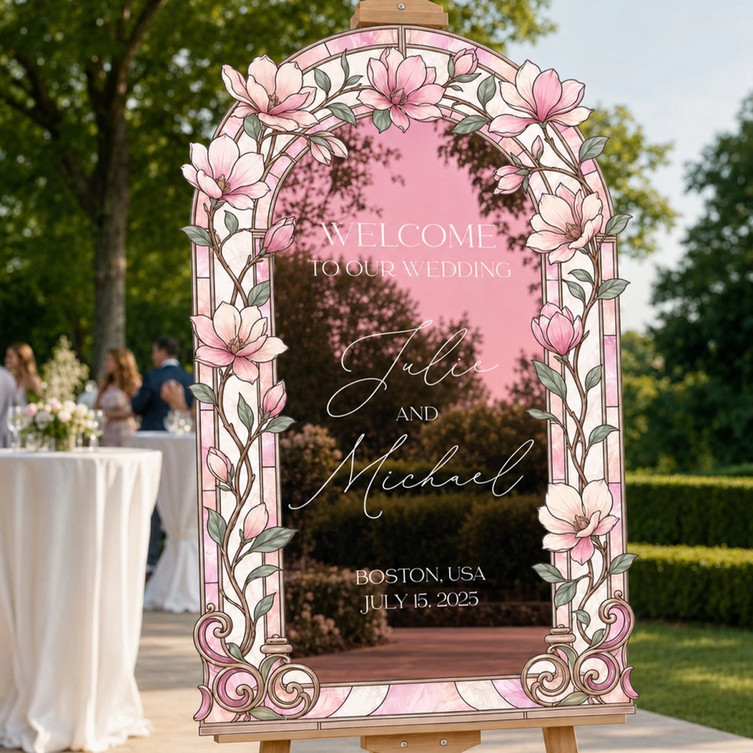 Pink Cosmos Arch Wedding Welcome Sign - SpeedyOrders