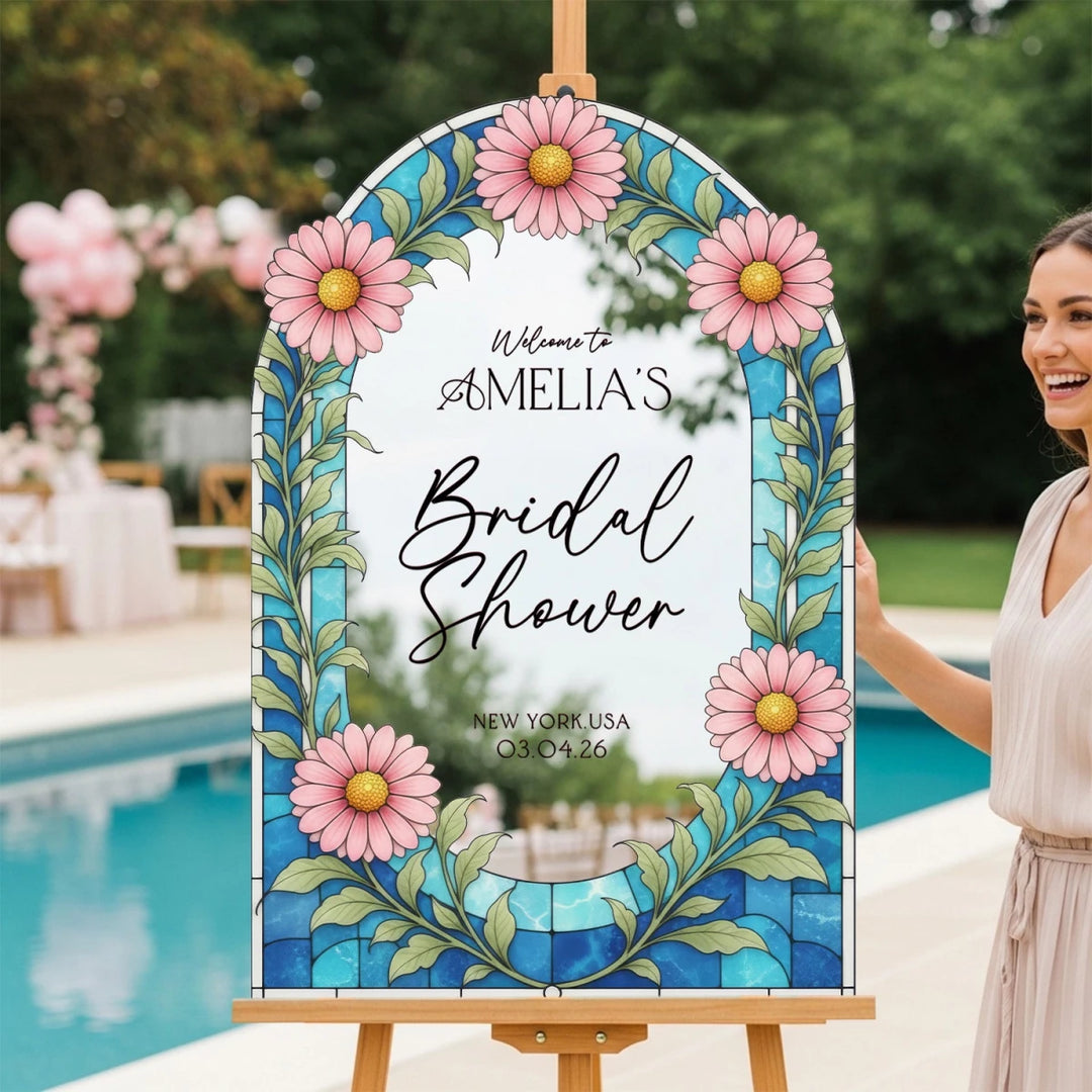 Pink Daisy Bridal Shower Sign — Blue Stained Glass - SpeedyOrders
