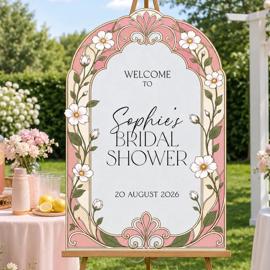 Pink Floral Stained Glass Bridal Shower Welcome Sign — Art Nouveau Arch - SpeedyOrders