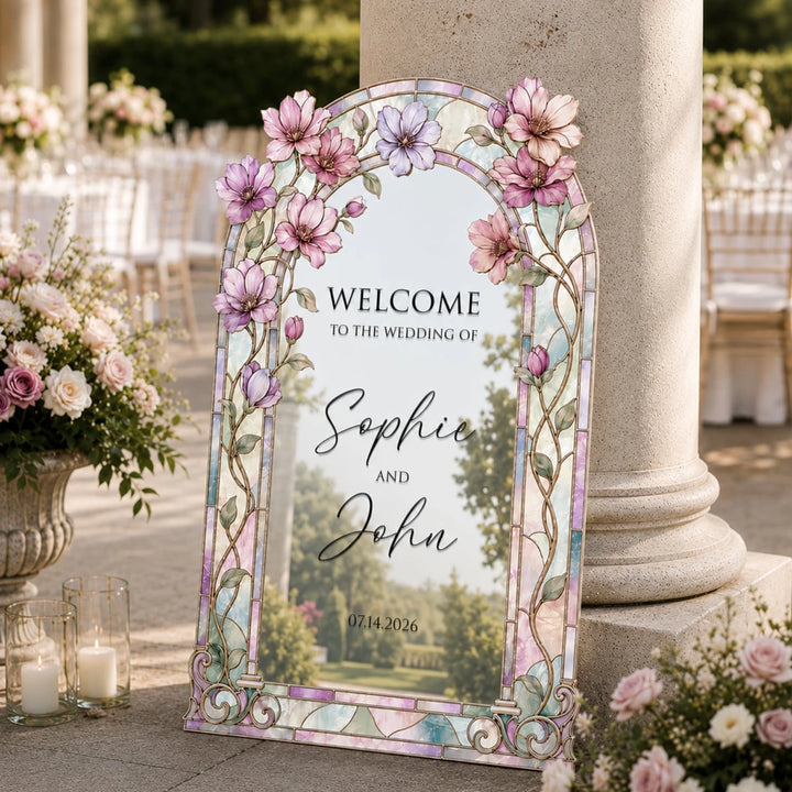Custom Pink Magnolia Stained Glass Wedding Sign | SpeedyOrders