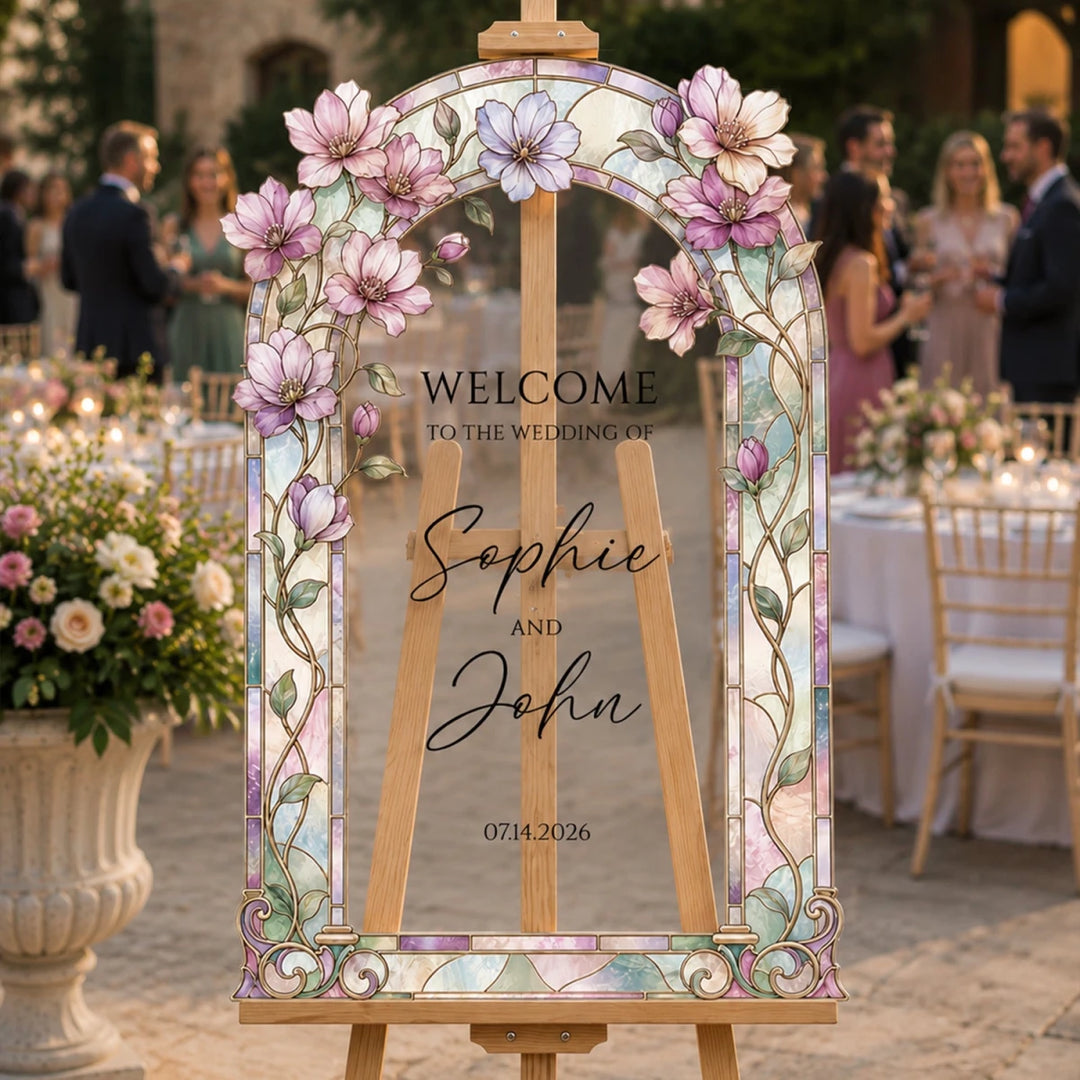 Pink Magnolia Stained Glass Wedding Welcome Sign — Full Arch - SpeedyOrders