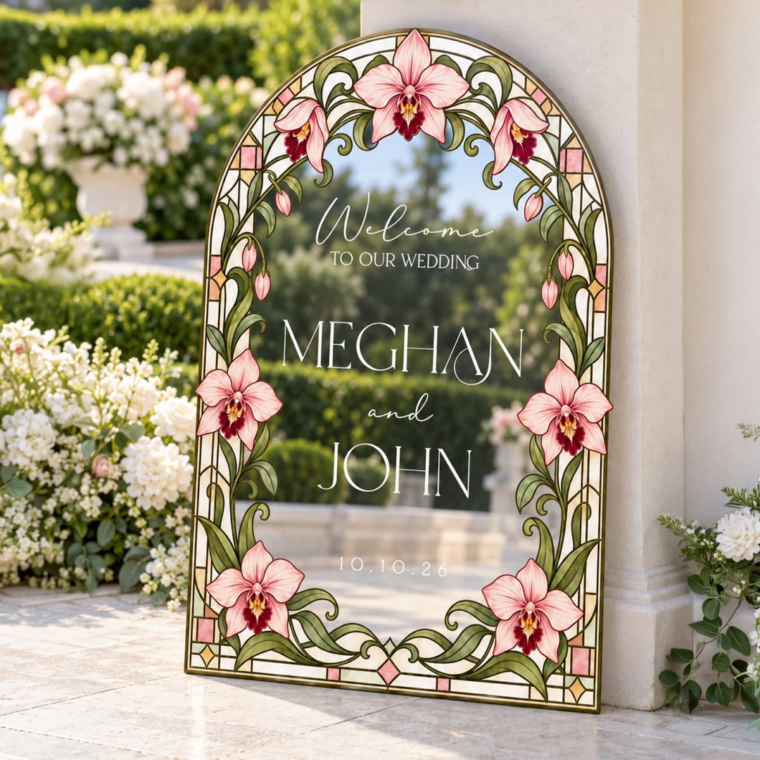 Pink Orchid Stained Glass Wedding Welcome Sign — Elegant Botanical Arch - SpeedyOrders
