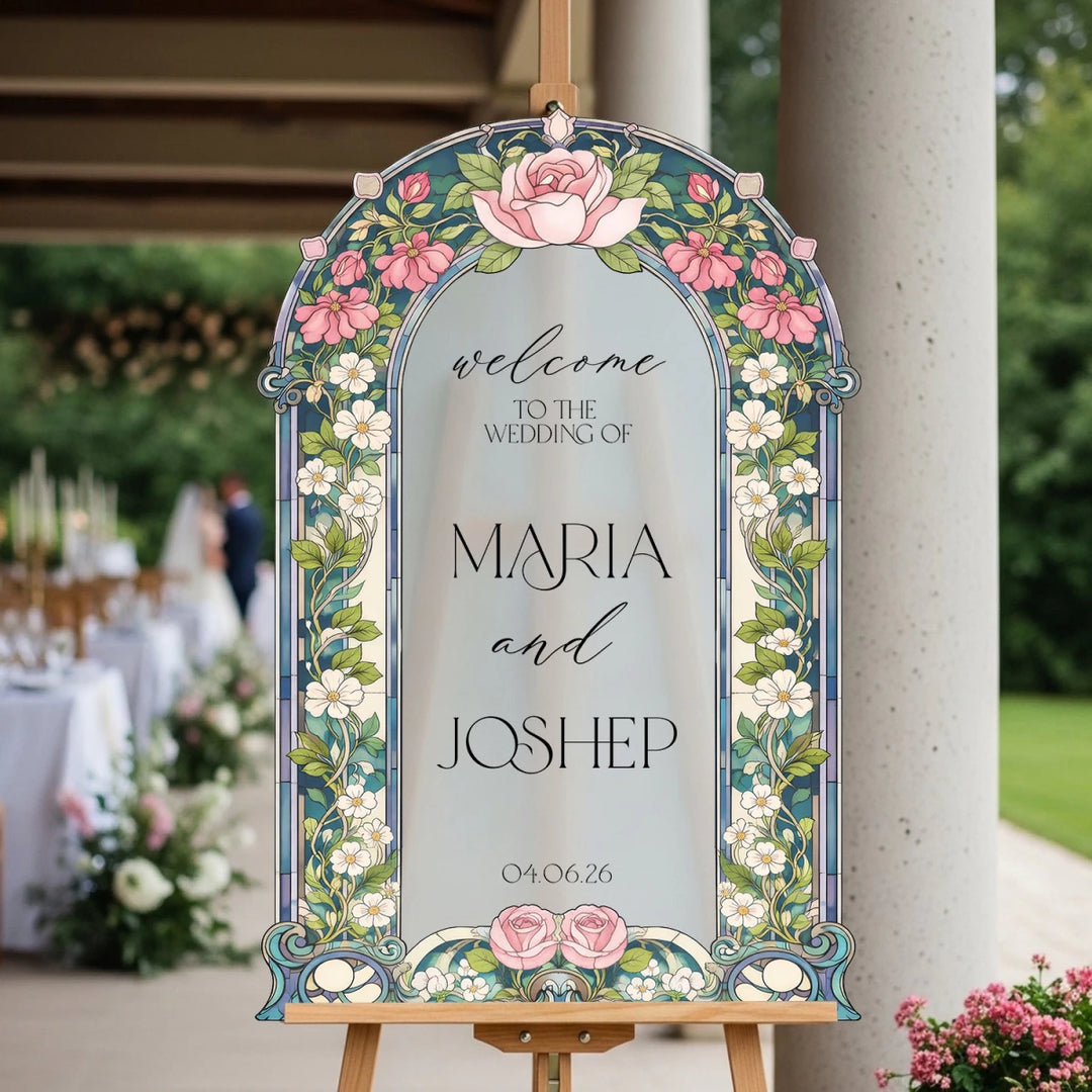 Pink Peony & Daisy Wedding Welcome Sign — Stained Glass - SpeedyOrders